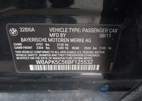 2011 BMW 328I xDrive from USA, damaged, VIN WBAPK5C56BF125532